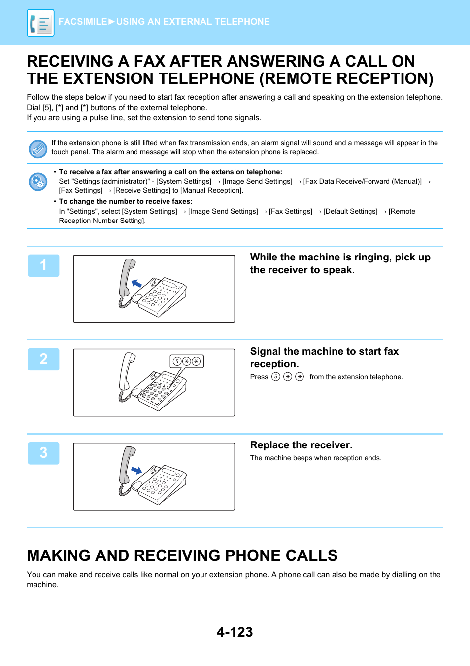 Receiving a fax after answering a, Making and receiving phone calls -123, Making and receiving phone calls | Sharp MX-6070N User Manual | Page 526 / 935