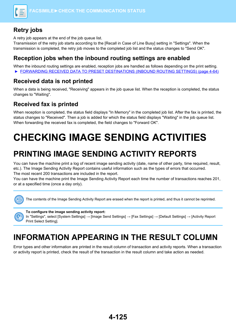 Checking image sending activities -125, Printing image sending activity, Reports -125 | Information appearing in the result, Column -125, Checking image sending activities, Printing image sending activity reports, Information appearing in the result column | Sharp MX-6070N User Manual | Page 528 / 935