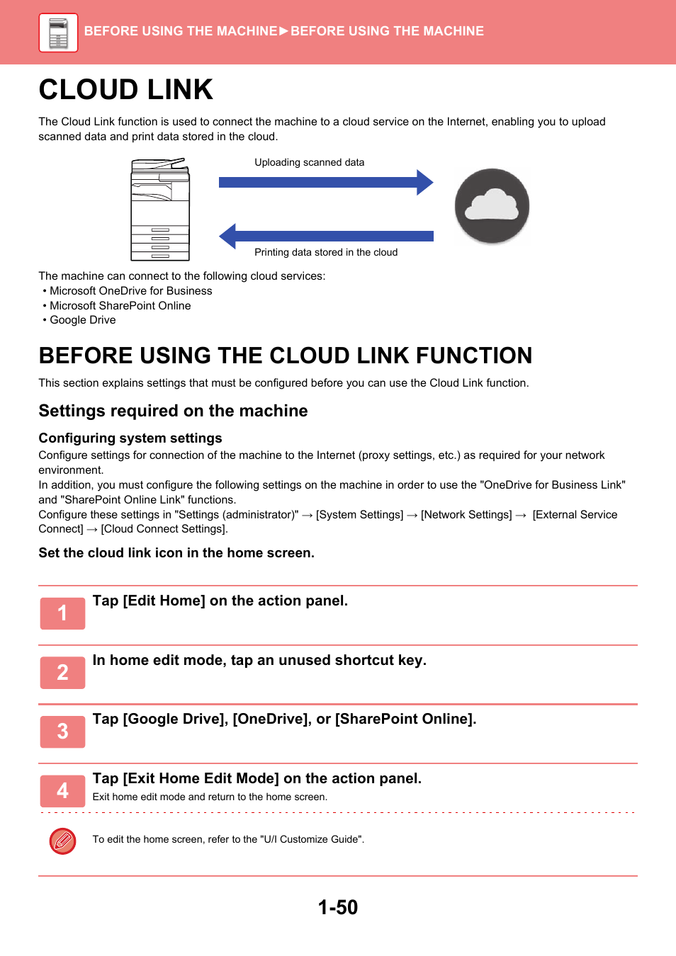 Cloud link -50, Before using the cloud link, Function -50 | Cloud link, Before using the cloud link function | Sharp MX-6070N User Manual | Page 53 / 935