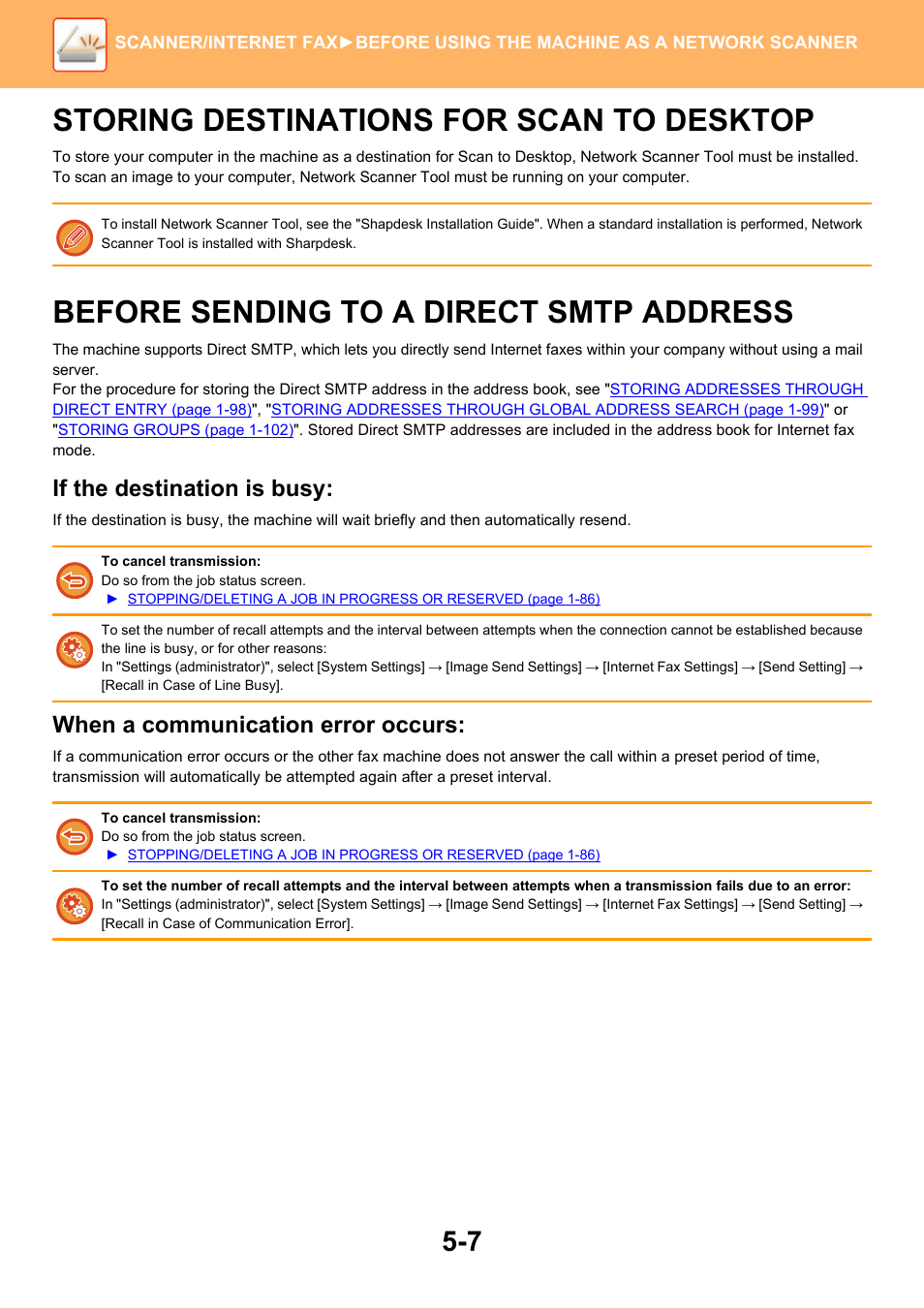 Storing destinations for scan to, Desktop, Before sending to a direct smtp | Address, Storing destinations for scan to desktop, Before sending to a direct smtp address, If the destination is busy, When a communication error occurs | Sharp MX-6070N User Manual | Page 536 / 935