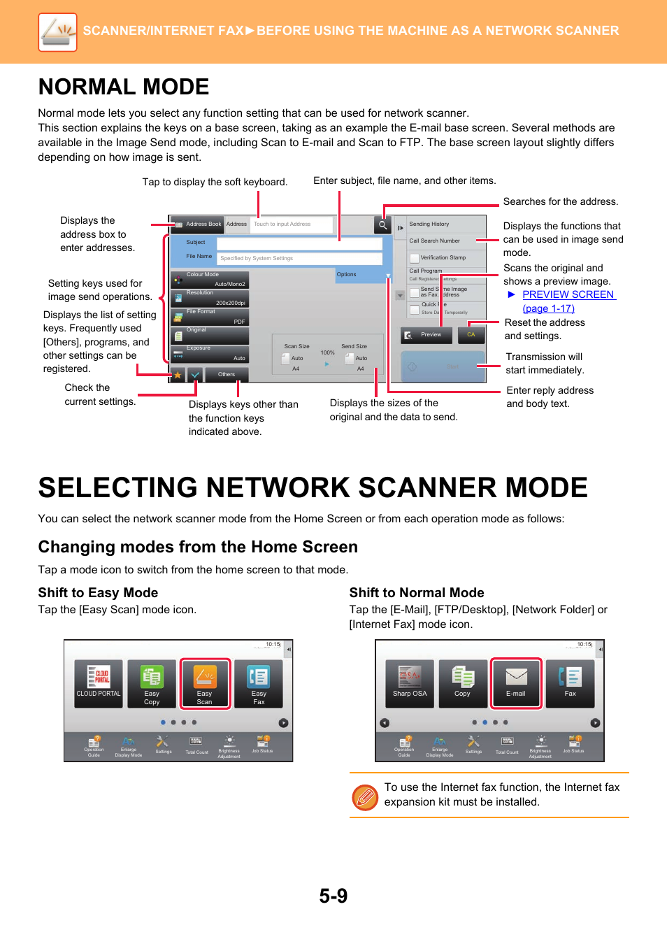 Normal mode, Selecting network scanner mode, Changing modes from the home screen | Shift to easy mode, Shift to normal mode, Tap the [easy scan] mode icon | Sharp MX-6070N User Manual | Page 538 / 935