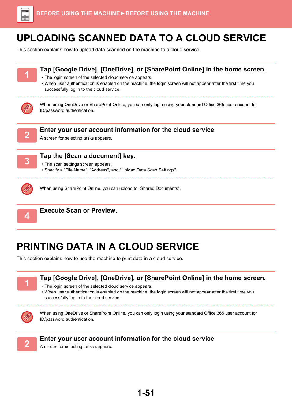 Uploading scanned data to a cloud, Service -51, Printing data in a cloud service -51 | Uploading scanned data to a cloud service, Printing data in a cloud service | Sharp MX-6070N User Manual | Page 54 / 935