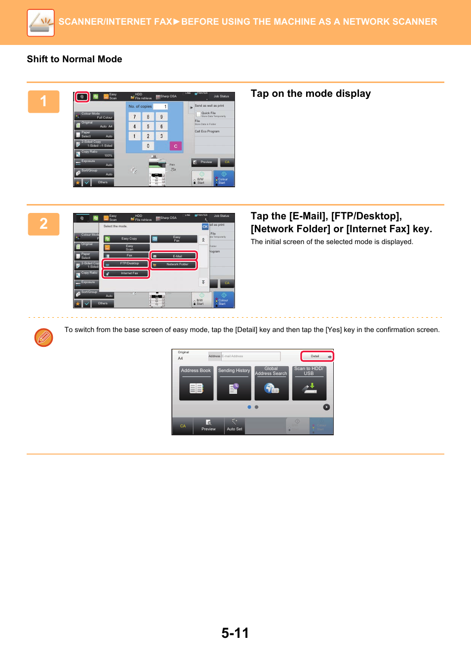 Tap on the mode display, Shift to normal mode | Sharp MX-6070N User Manual | Page 540 / 935