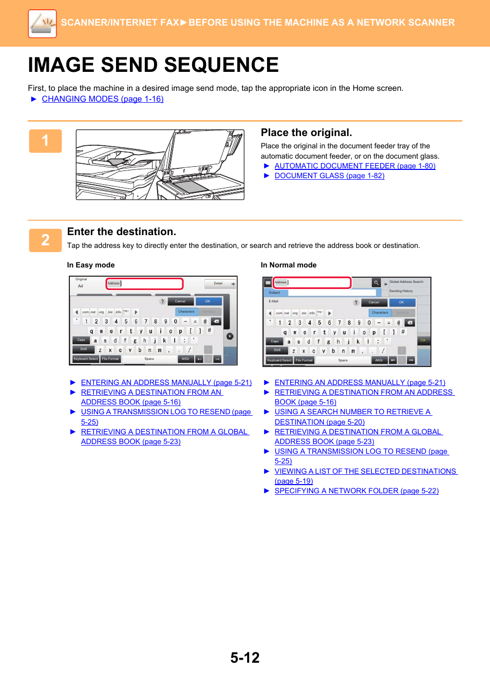 Image send sequence -12, Image send sequence, Place the original | Enter the destination, Changing modes (page 1-16) | Sharp MX-6070N User Manual | Page 541 / 935