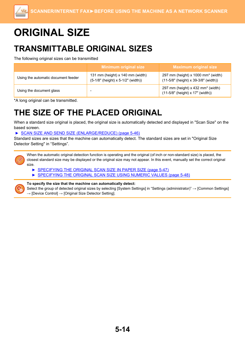 Original size -14, Transmittable original sizes -14, The size of the placed original -14 | Original size, Transmittable original sizes, The size of the placed original | Sharp MX-6070N User Manual | Page 543 / 935