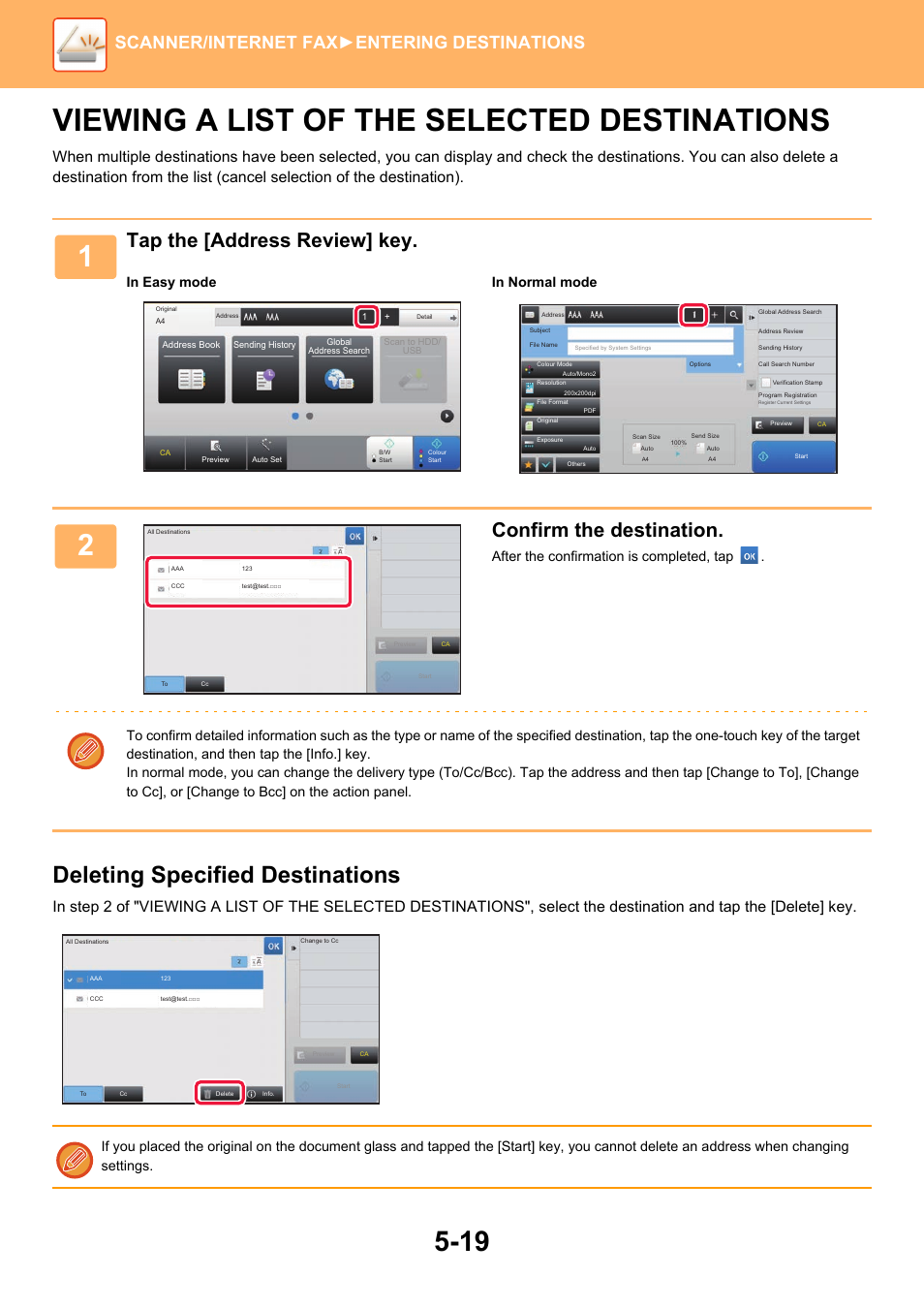 Viewing a list of the selected, Destinations -19, Viewing a list of the selected destinations | Deleting specified destinations, Tap the [address review] key, Confirm the destination, Scanner/internet fax ►entering destinations | Sharp MX-6070N User Manual | Page 548 / 935