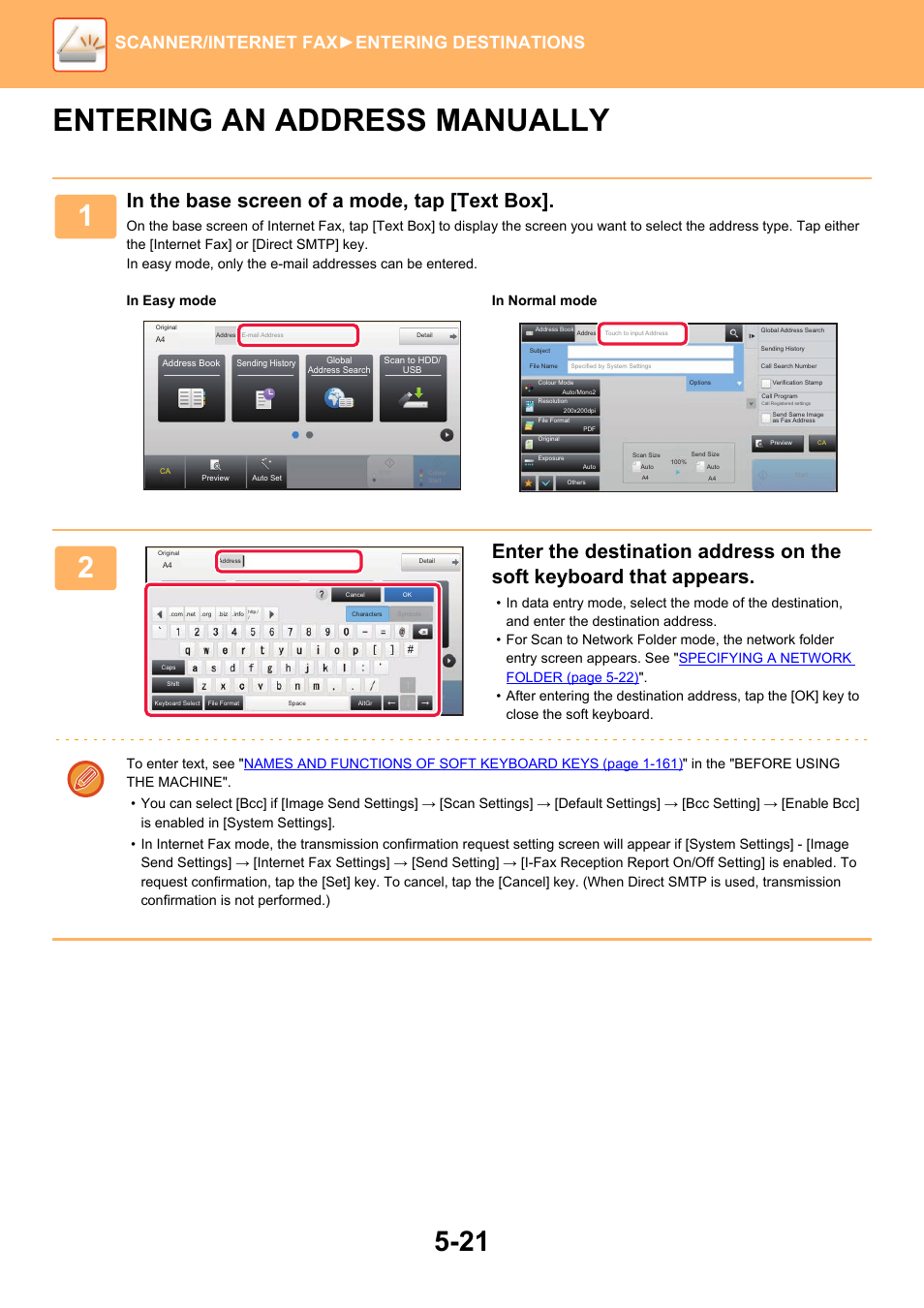 Entering an address manually -21, Entering an address manually, Scanner/internet fax ►entering destinations | Sharp MX-6070N User Manual | Page 550 / 935