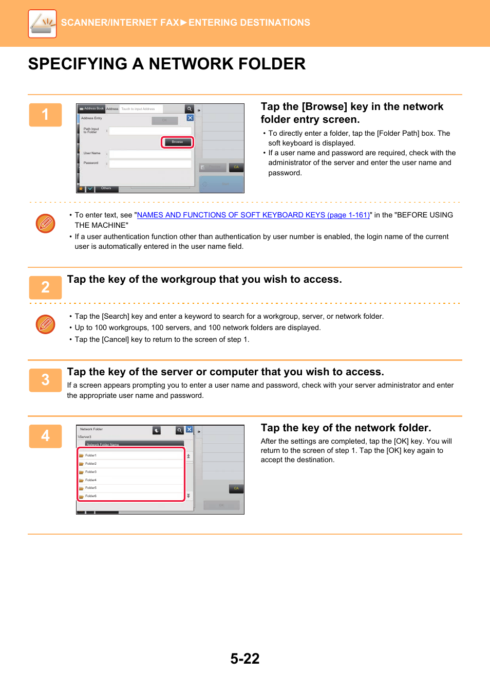 Specifying a network folder -22, Specifying a network, Specifying a network folder | Tap the key of the network folder, Scanner/internet fax ►entering destinations | Sharp MX-6070N User Manual | Page 551 / 935