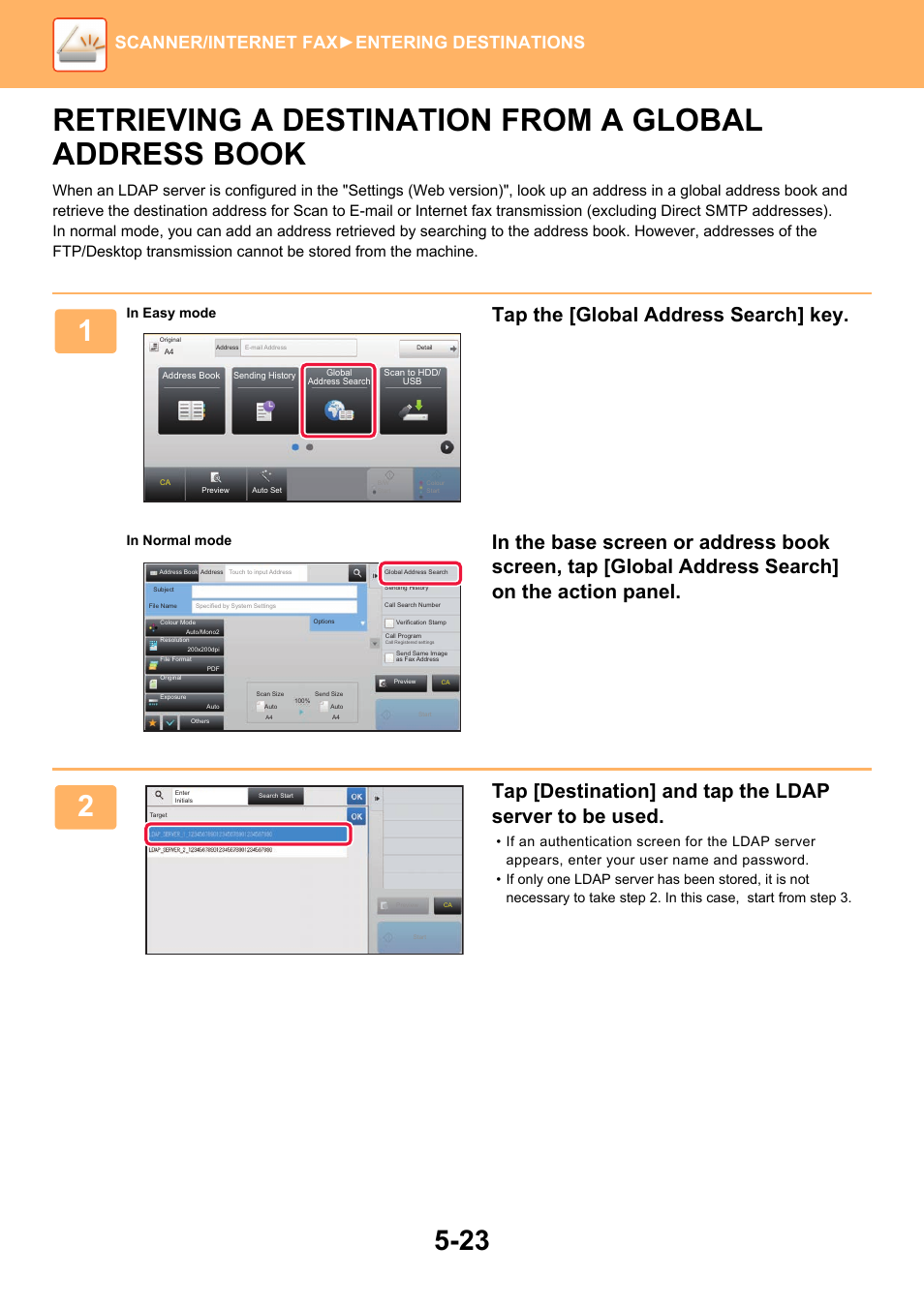 Retrieving a destination from a, Global address book -23, Retrieving a destination from a global | Tap the [global address search] key, Scanner/internet fax ►entering destinations | Sharp MX-6070N User Manual | Page 552 / 935