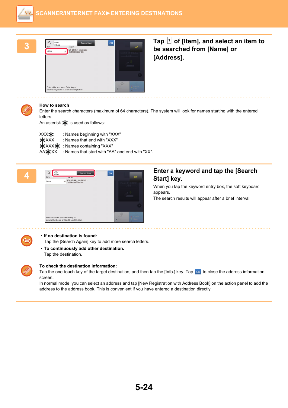 Enter a keyword and tap the [search start] key, Scanner/internet fax ►entering destinations | Sharp MX-6070N User Manual | Page 553 / 935