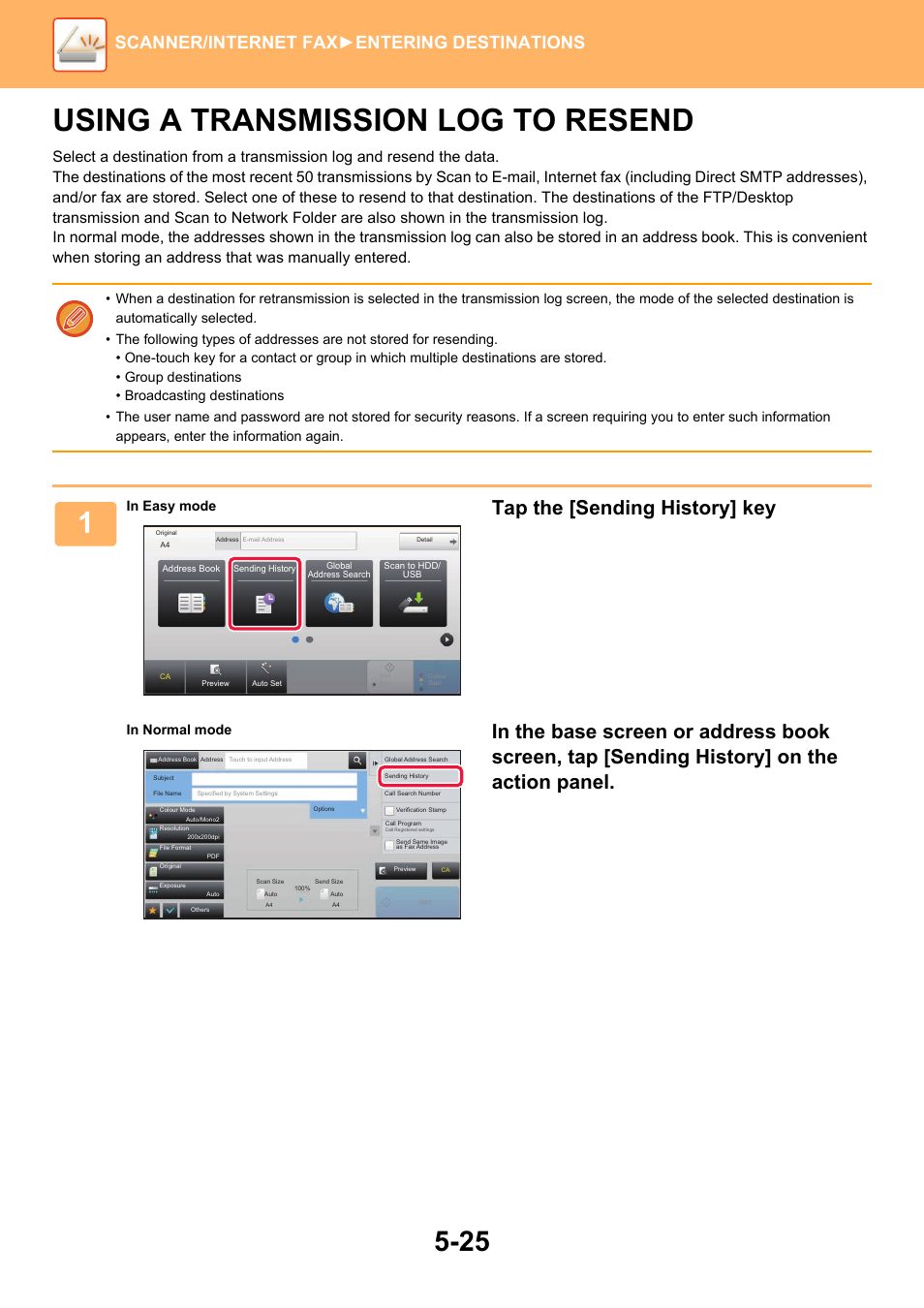 Using a transmission log to resend -25, Using a transmission log to resend, Tap the [sending history] key | Scanner/internet fax ►entering destinations | Sharp MX-6070N User Manual | Page 554 / 935