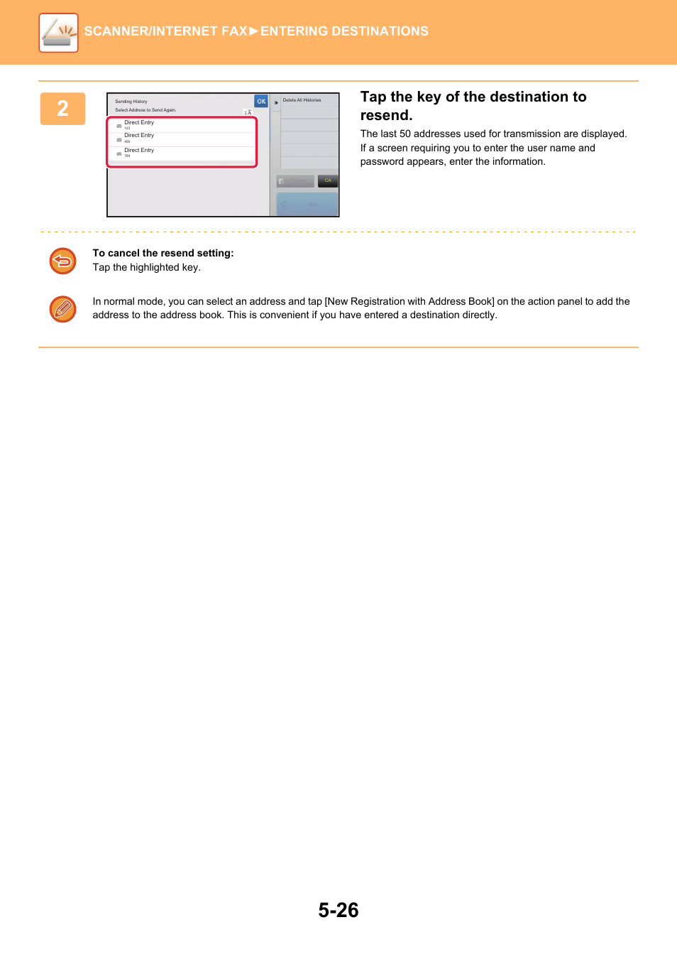 Tap the key of the destination to resend, Scanner/internet fax ►entering destinations | Sharp MX-6070N User Manual | Page 555 / 935