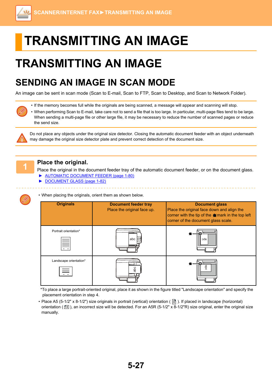 Transmitting an image, Transmitting an image -27, Sending an image in scan mode -27 | Sending an image in scan mode, Place the original | Sharp MX-6070N User Manual | Page 556 / 935