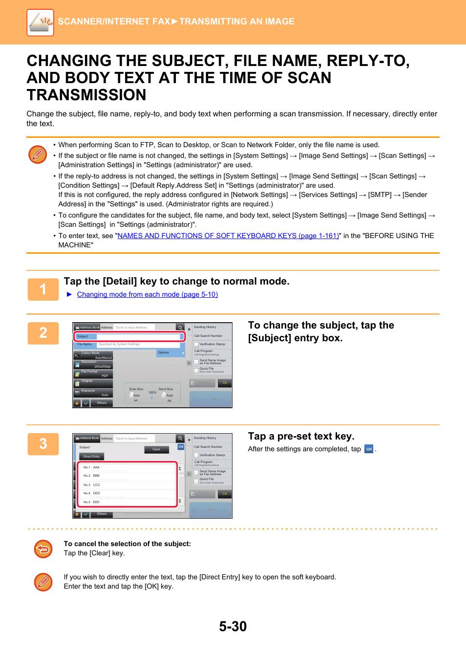 Changing the subject, file name, Tap the [detail] key to change to normal mode, Tap a pre-set text key | Scanner/internet fax ►transmitting an image, Changing mode from each mode (page 5-10) | Sharp MX-6070N User Manual | Page 559 / 935