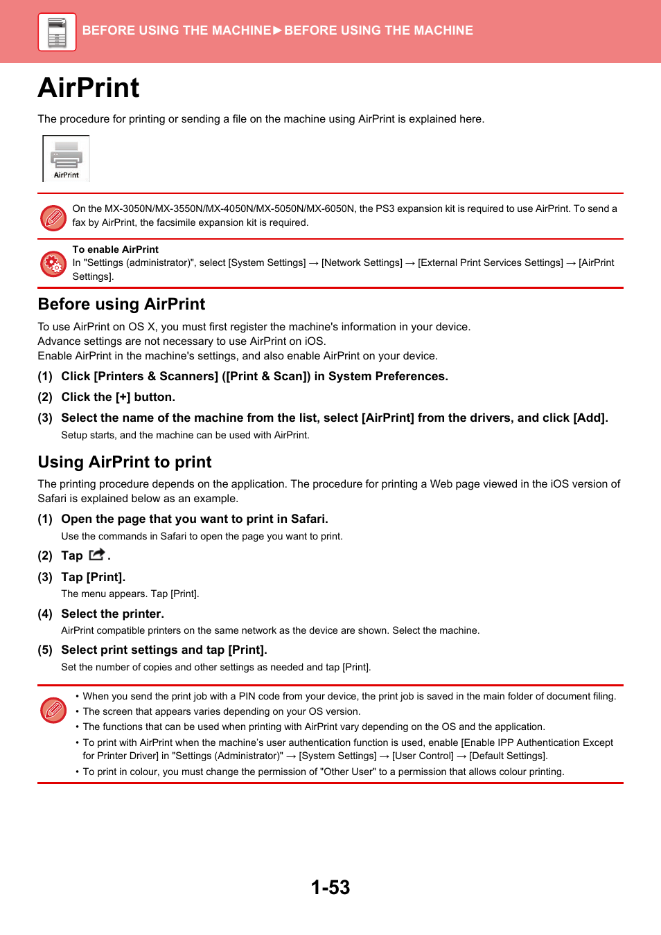 Airprint -53, Airprint, Before using airprint | Using airprint to print | Sharp MX-6070N User Manual | Page 56 / 935