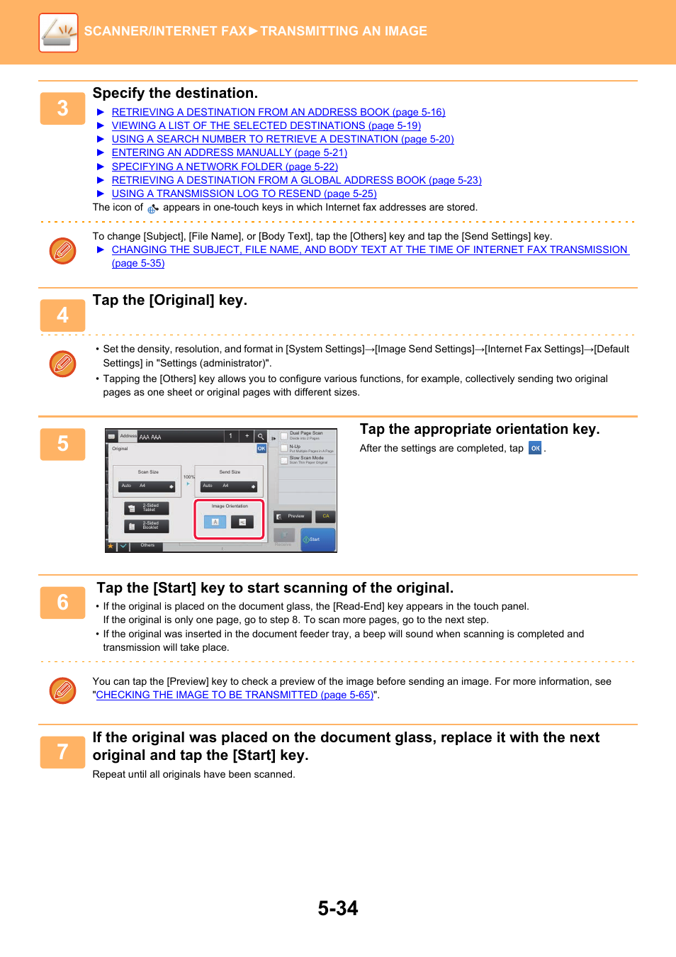 Specify the destination, Tap the [original] key, Tap the appropriate orientation key | Scanner/internet fax ►transmitting an image | Sharp MX-6070N User Manual | Page 563 / 935