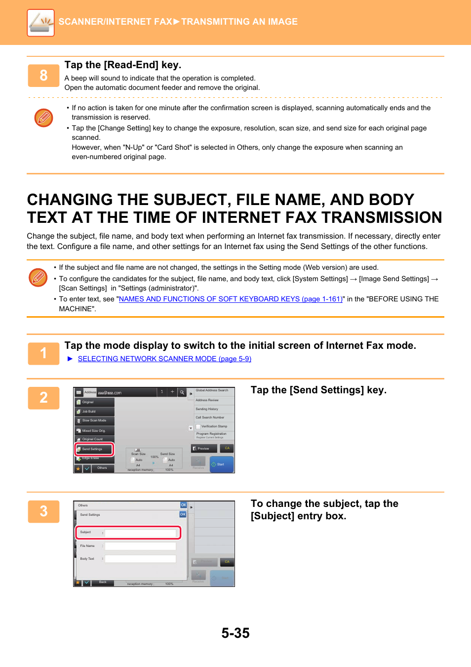 Changing the subject, file name, and, Tap the [read-end] key, Tap the [send settings] key | Scanner/internet fax ►transmitting an image | Sharp MX-6070N User Manual | Page 564 / 935