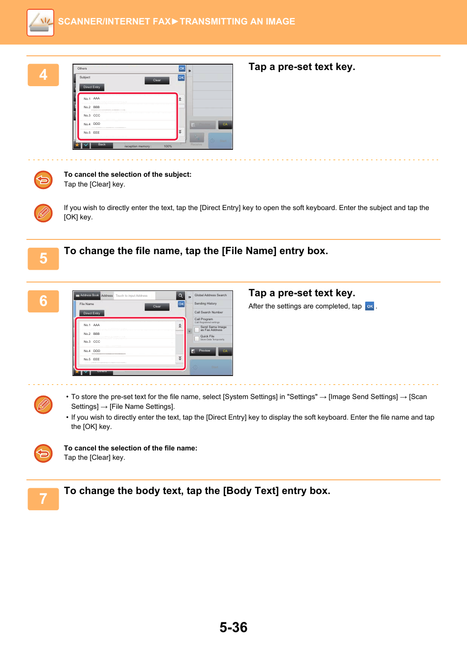 Tap a pre-set text key, Scanner/internet fax ►transmitting an image | Sharp MX-6070N User Manual | Page 565 / 935