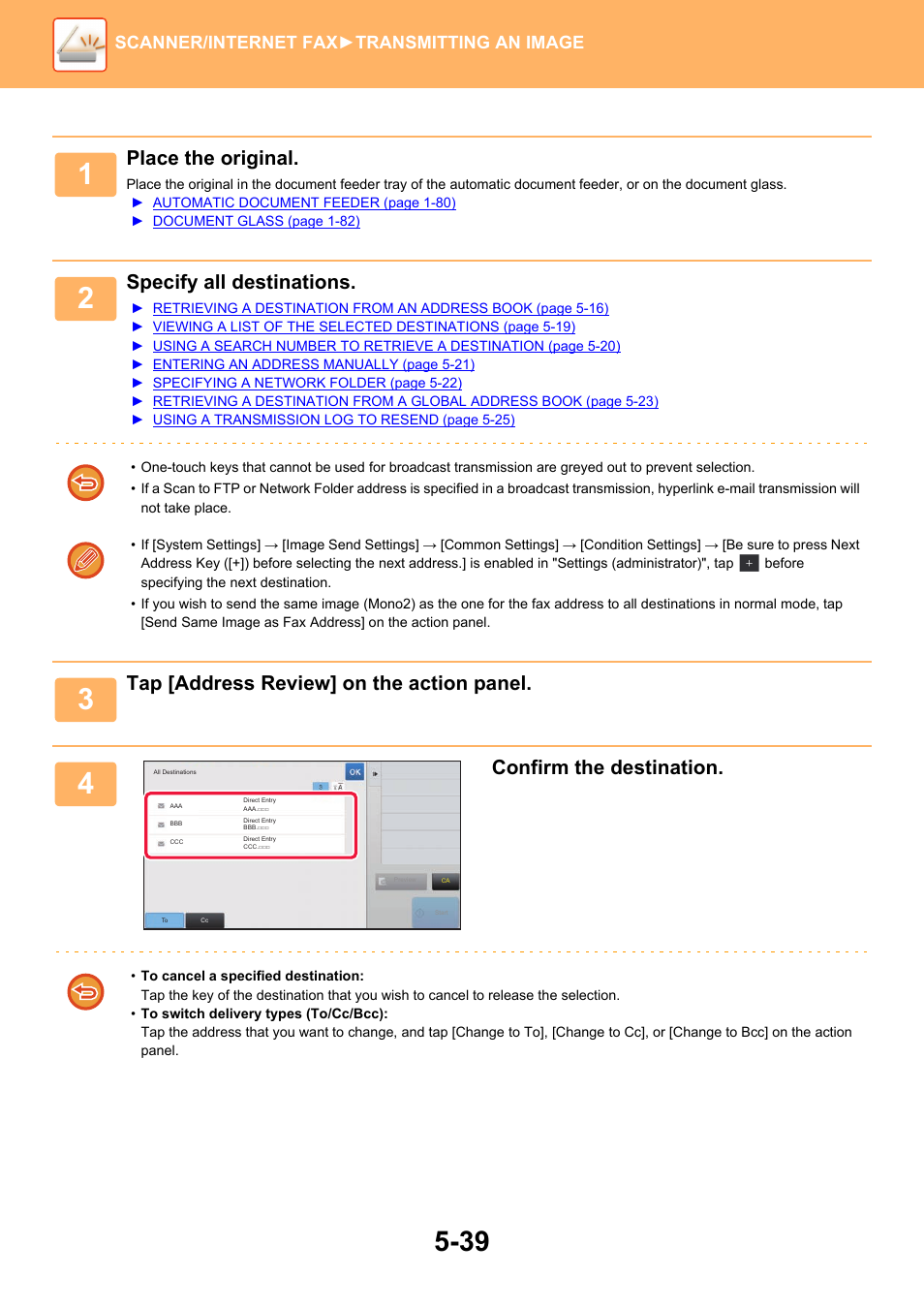 Place the original, Specify all destinations, Tap [address review] on the action panel | Confirm the destination, Scanner/internet fax ►transmitting an image | Sharp MX-6070N User Manual | Page 568 / 935