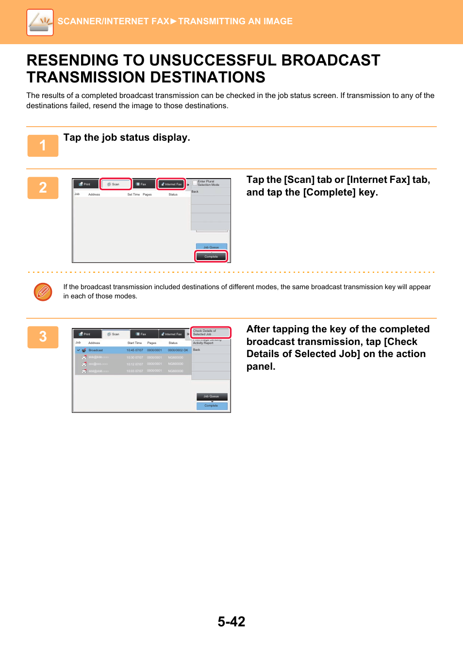 Resending to unsuccessful, Broadcast transmission destinations -42, Tap the job status display | Scanner/internet fax ►transmitting an image | Sharp MX-6070N User Manual | Page 571 / 935