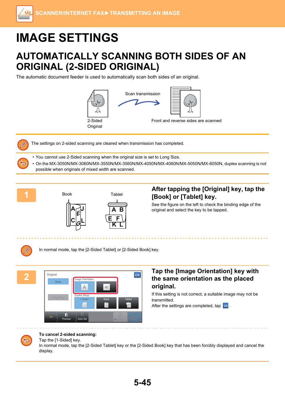 Image settings -45, Automatically scanning both sides, Of an original (2-sided original) -45 | Automatically scanning both sides of, Automatically scanning both sides of an, Image settings | Sharp MX-6070N User Manual | Page 574 / 935