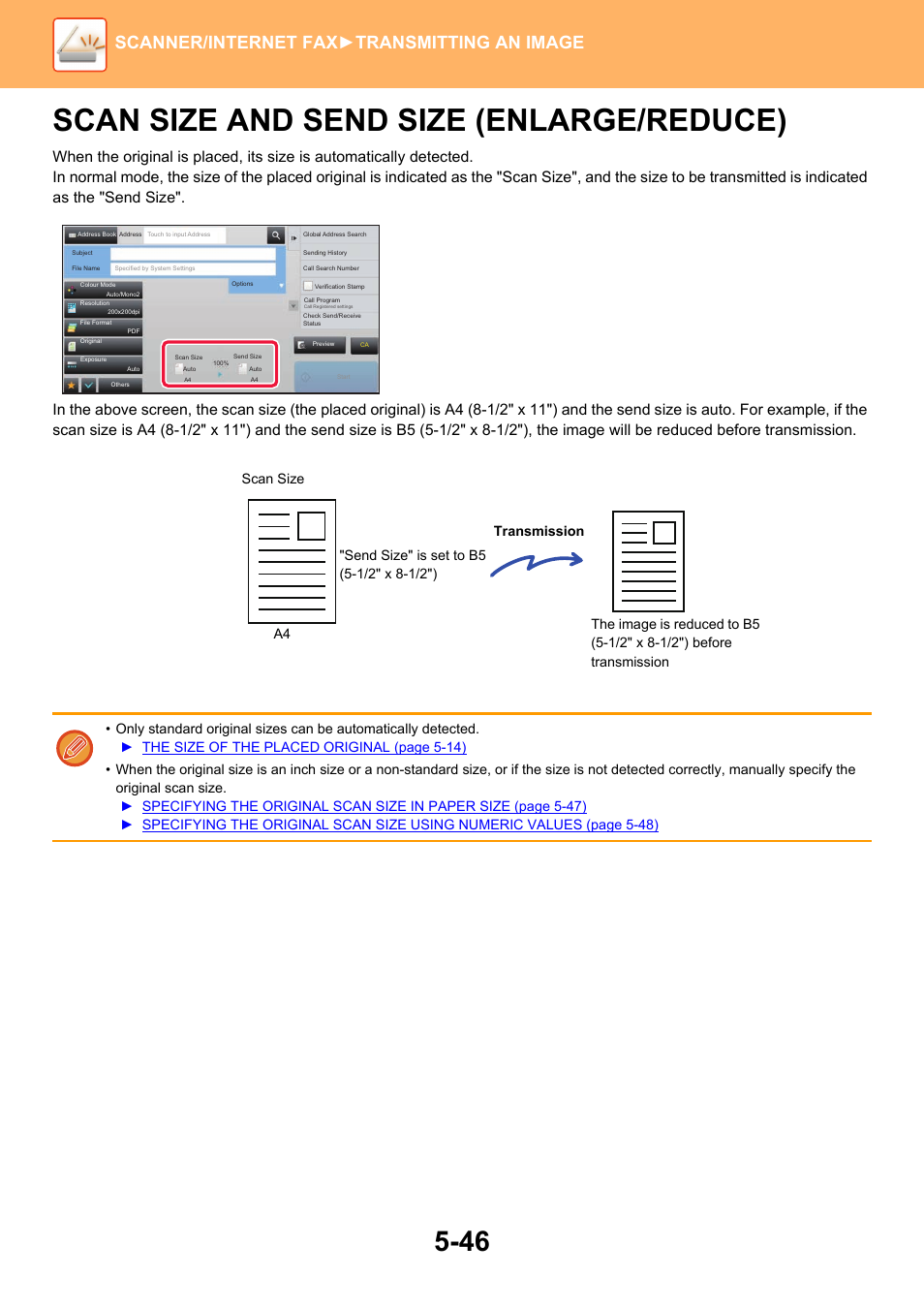 Scan size and send size, Enlarge/reduce) -46, Scan size and send size (enlarge/reduce) | Scanner/internet fax ►transmitting an image | Sharp MX-6070N User Manual | Page 575 / 935