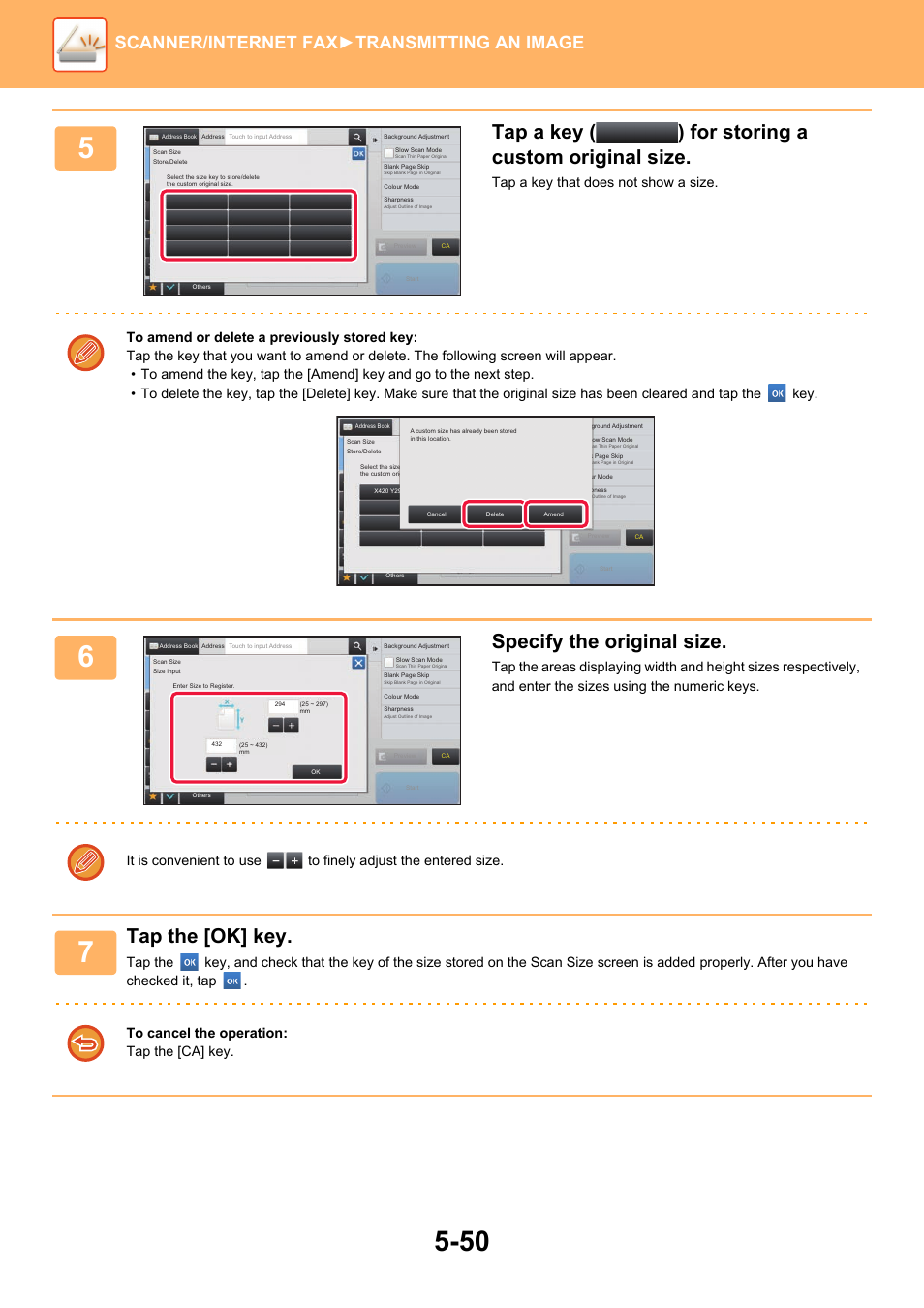 Tap a key ( ) for storing a custom original size, Specify the original size, Tap the [ok] key | Scanner/internet fax ►transmitting an image | Sharp MX-6070N User Manual | Page 579 / 935