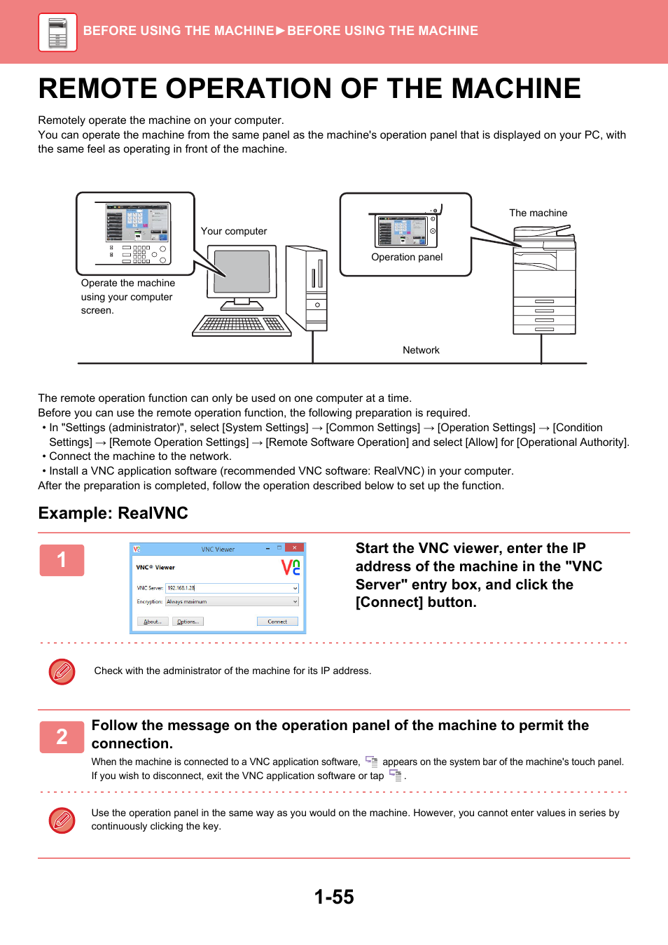 Remote operation of the machine -55, Remote operation of the machine, Example: realvnc | Before using the machine ►before using the machine | Sharp MX-6070N User Manual | Page 58 / 935