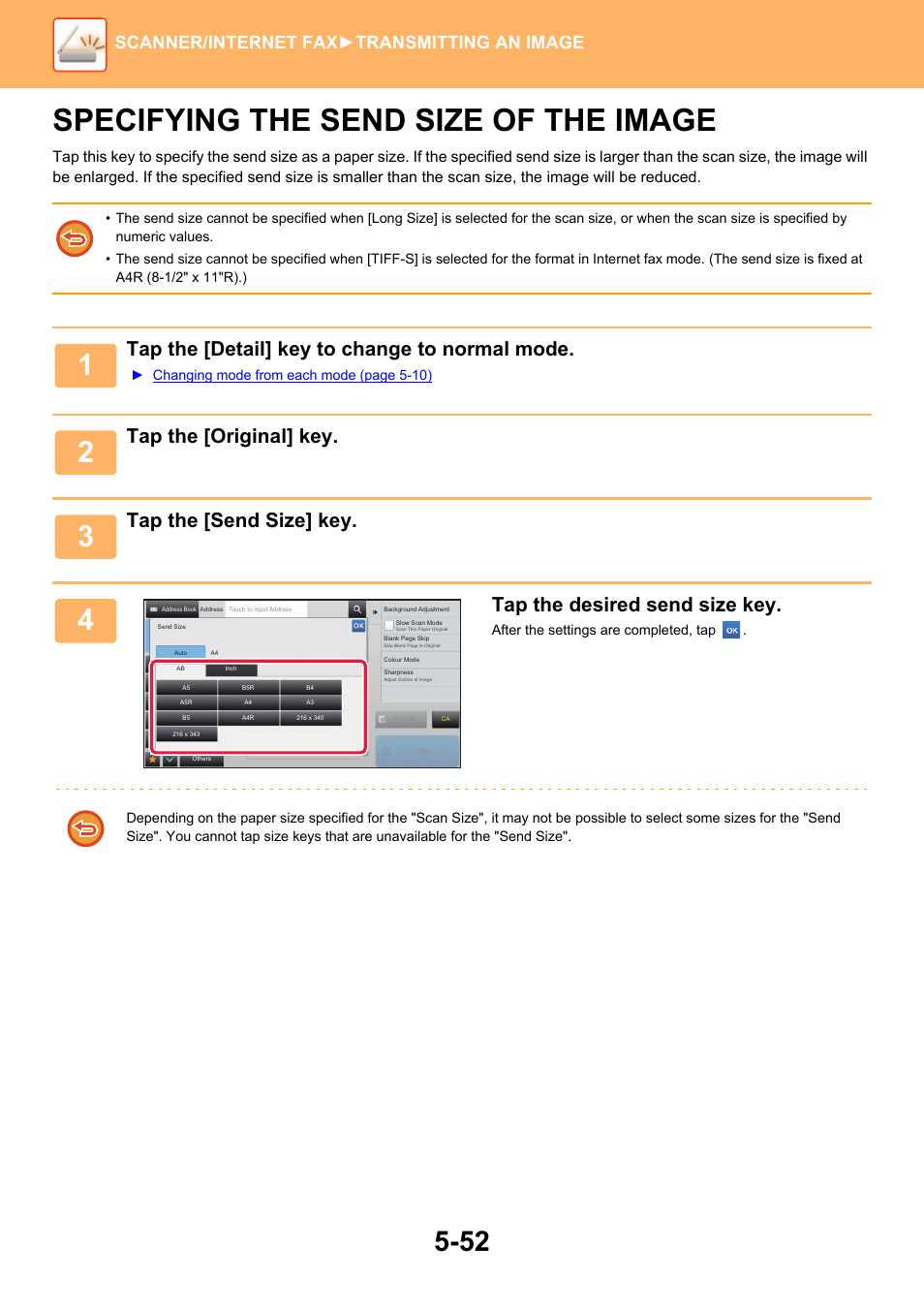 Specifying the send size of the, Image -52, Specifying the send size of the image | Tap the [detail] key to change to normal mode, Tap the [original] key, Tap the [send size] key, Tap the desired send size key, Scanner/internet fax ►transmitting an image | Sharp MX-6070N User Manual | Page 581 / 935