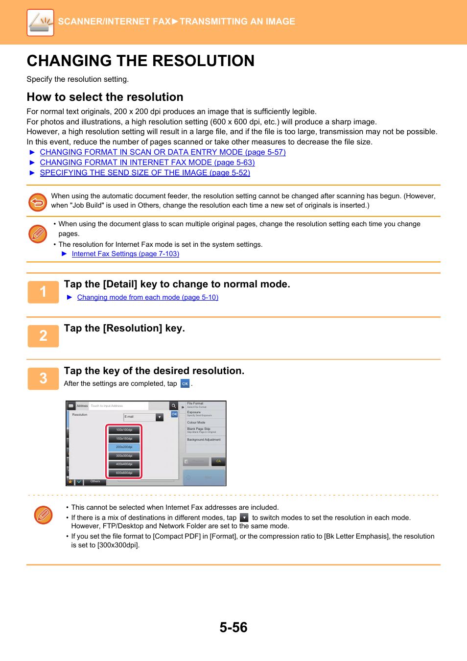 Changing the resolution -56, Changing the resolution, How to select the resolution | Tap the [detail] key to change to normal mode, Tap the [resolution] key, Tap the key of the desired resolution, Scanner/internet fax ►transmitting an image | Sharp MX-6070N User Manual | Page 585 / 935