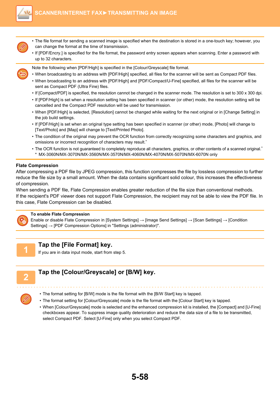 Tap the [file format] key, Tap the [colour/greyscale] or [b/w] key | Sharp MX-6070N User Manual | Page 587 / 935