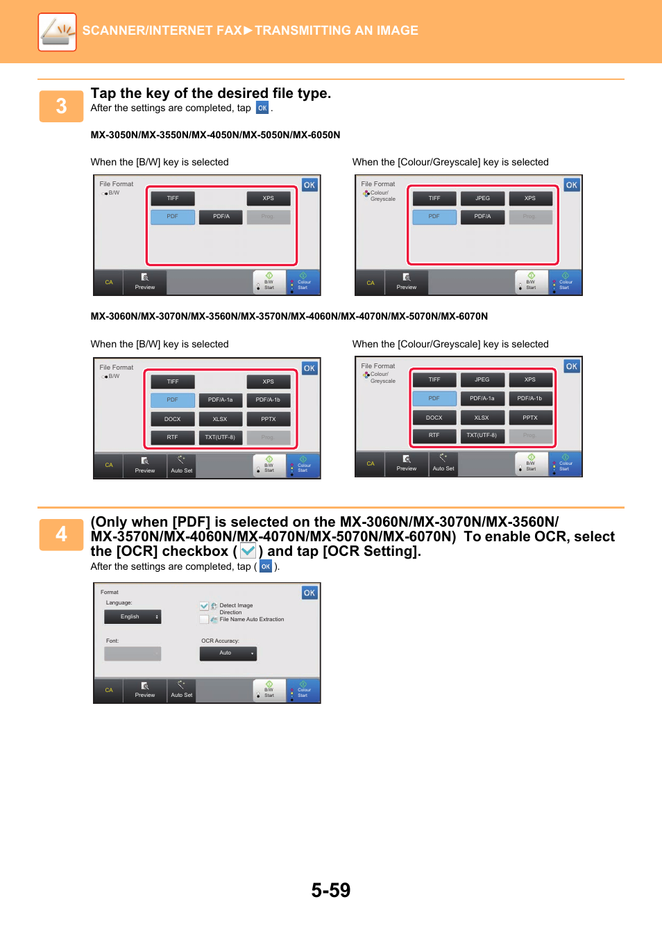 Tap the key of the desired file type, Scanner/internet fax ►transmitting an image, After the settings are completed, tap ( ) | Sharp MX-6070N User Manual | Page 588 / 935