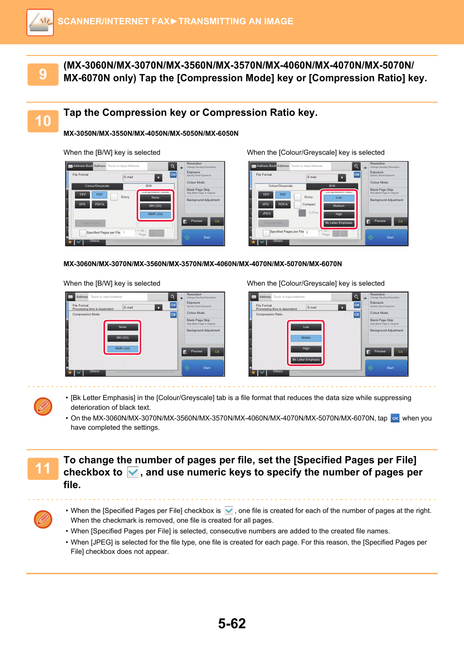 Tap the compression key or compression ratio key, Scanner/internet fax ►transmitting an image | Sharp MX-6070N User Manual | Page 591 / 935