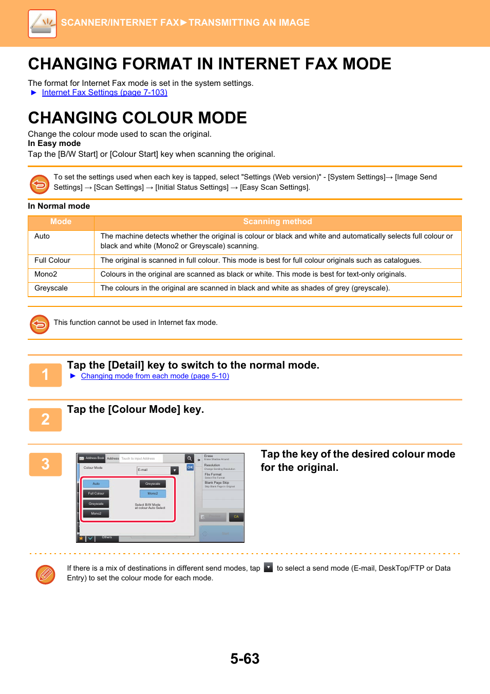 Changing format in internet fax, Mode -63, Changing colour mode -63 | Changing format in internet fax mode, Changing colour mode, Tap the [detail] key to switch to the normal mode, Tap the [colour mode] key, Scanner/internet fax ►transmitting an image | Sharp MX-6070N User Manual | Page 592 / 935