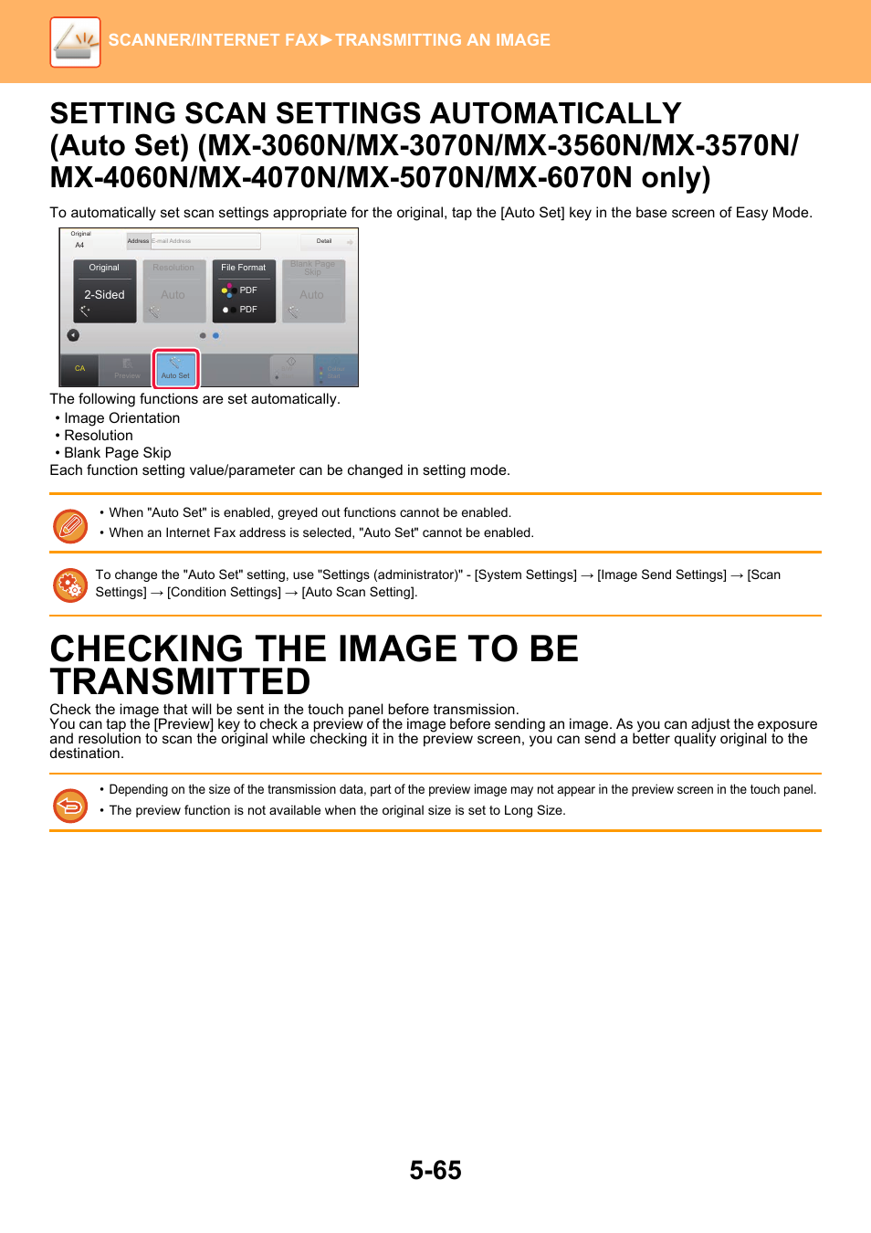 Setting scan settings, Checking the image to be transmitted -65, Checking the image to be transmitted | Scanner/internet fax ►transmitting an image | Sharp MX-6070N User Manual | Page 594 / 935