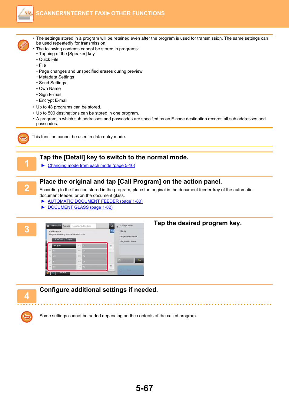 Tap the [detail] key to switch to the normal mode, Tap the desired program key, Configure additional settings if needed | Scanner/internet fax ►other functions | Sharp MX-6070N User Manual | Page 596 / 935