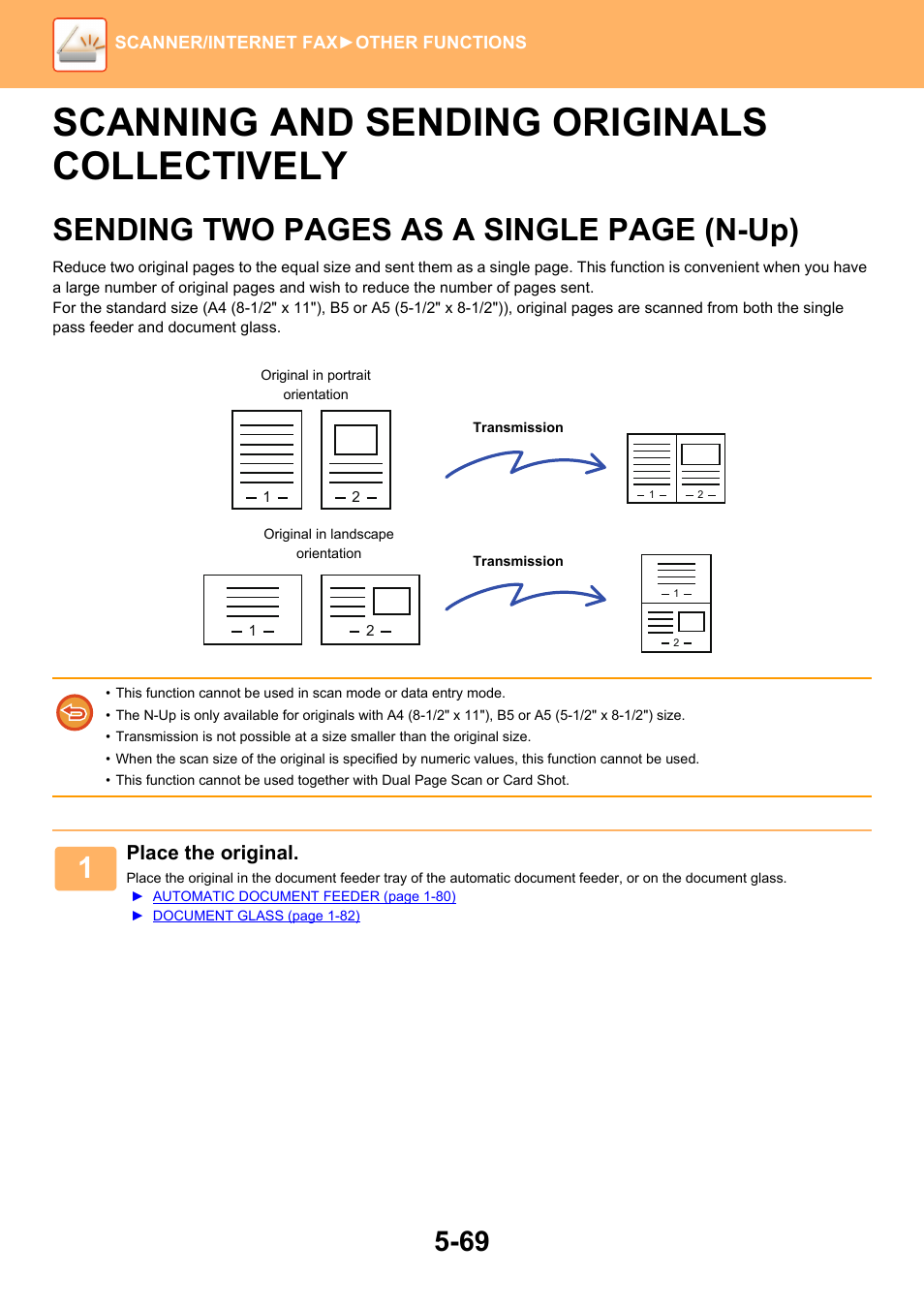 Scanning and sending originals collectively -69, Scanning and sending originals, Scanning and sending originals collectively | Sending two pages as a single page (n-up) | Sharp MX-6070N User Manual | Page 598 / 935