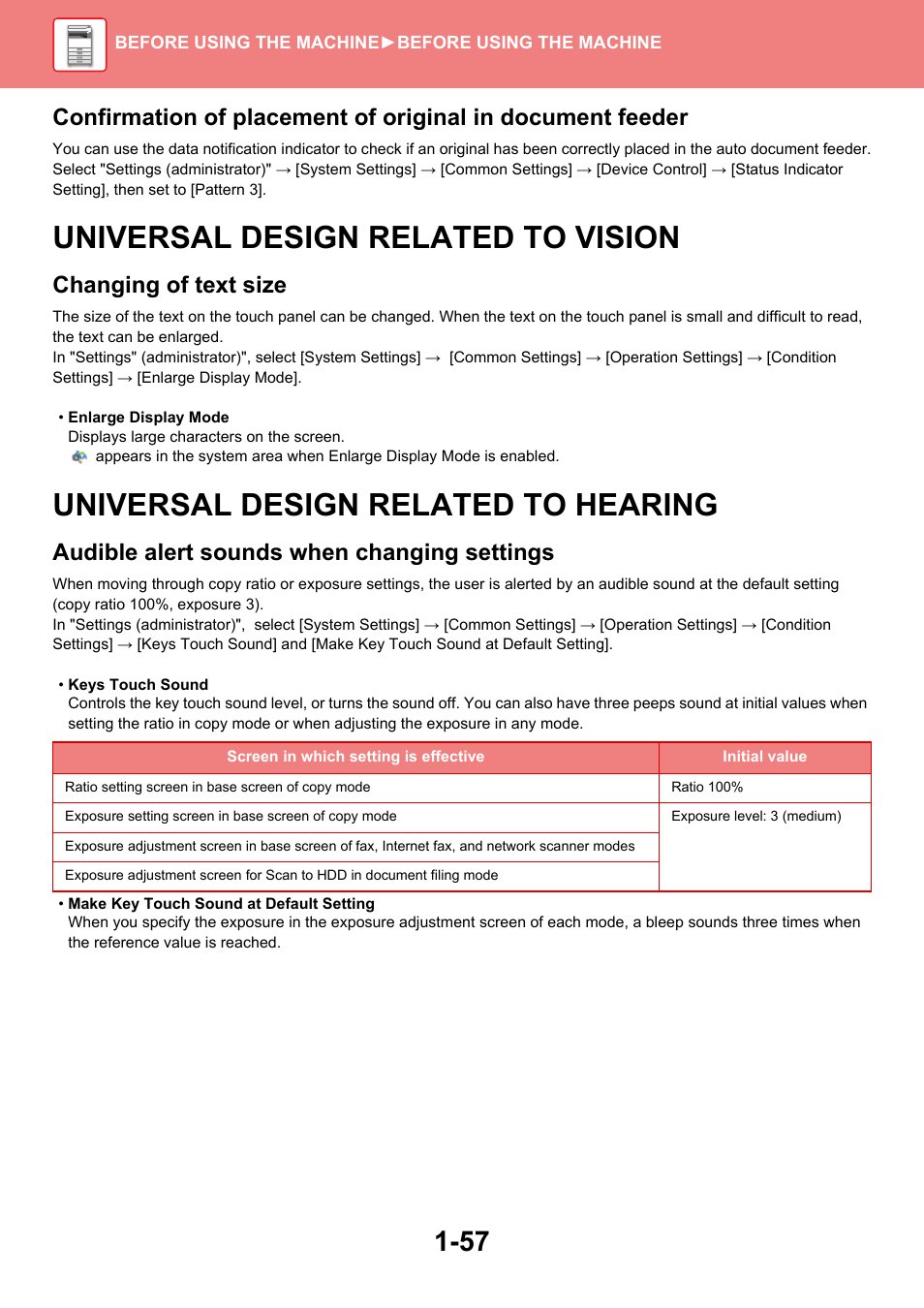 Universal design related to vision -57, Universal design related to hearing -57, Universal design related to vision | Universal design related to hearing, Changing of text size, Audible alert sounds when changing settings | Sharp MX-6070N User Manual | Page 60 / 935