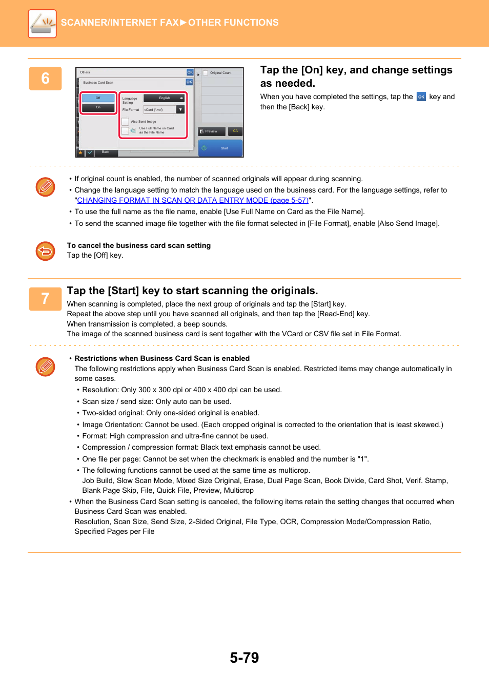 Tap the [on] key, and change settings as needed, Scanner/internet fax ►other functions | Sharp MX-6070N User Manual | Page 608 / 935