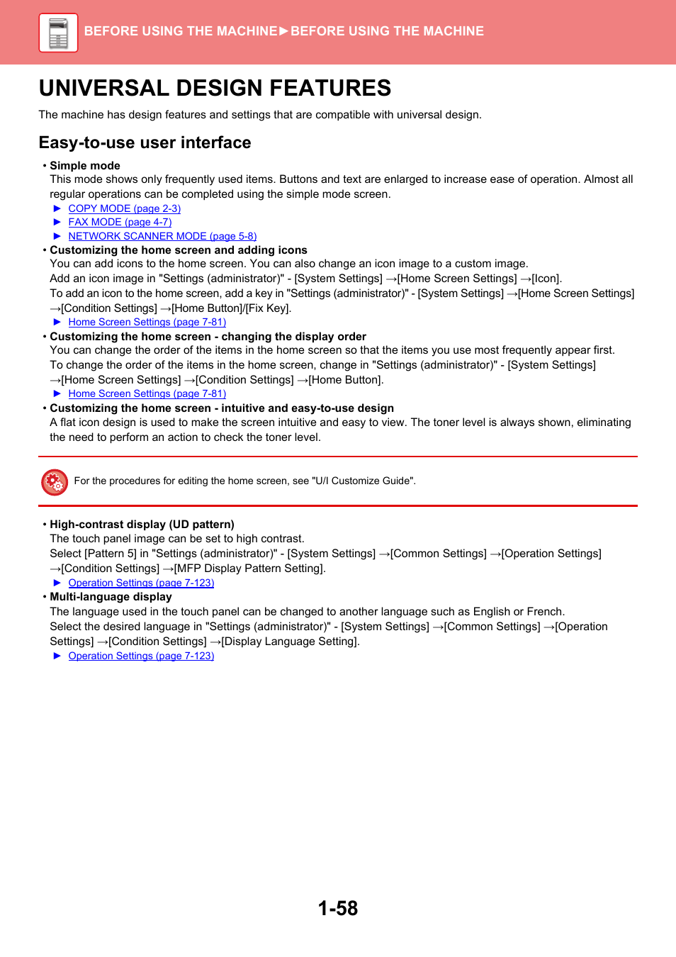 Universal design features -58, Universal design features, Easy-to-use user interface | Sharp MX-6070N User Manual | Page 61 / 935