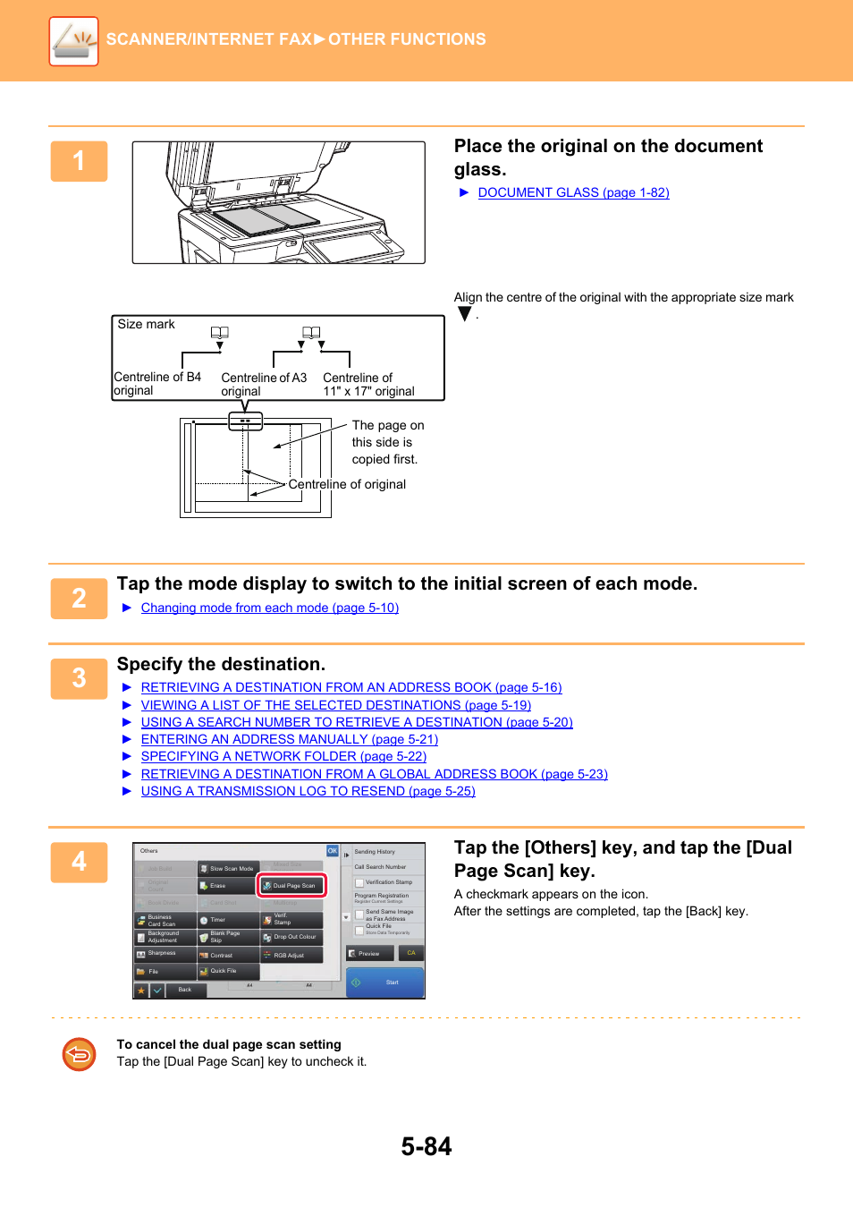 Place the original on the document glass, Specify the destination, Scanner/internet fax ►other functions | Sharp MX-6070N User Manual | Page 613 / 935