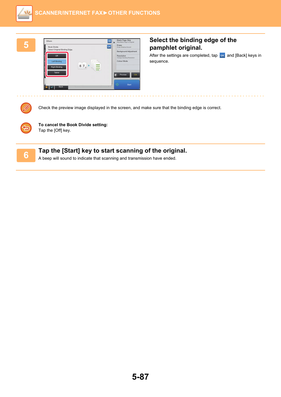 Select the binding edge of the pamphlet original, Scanner/internet fax ►other functions | Sharp MX-6070N User Manual | Page 616 / 935