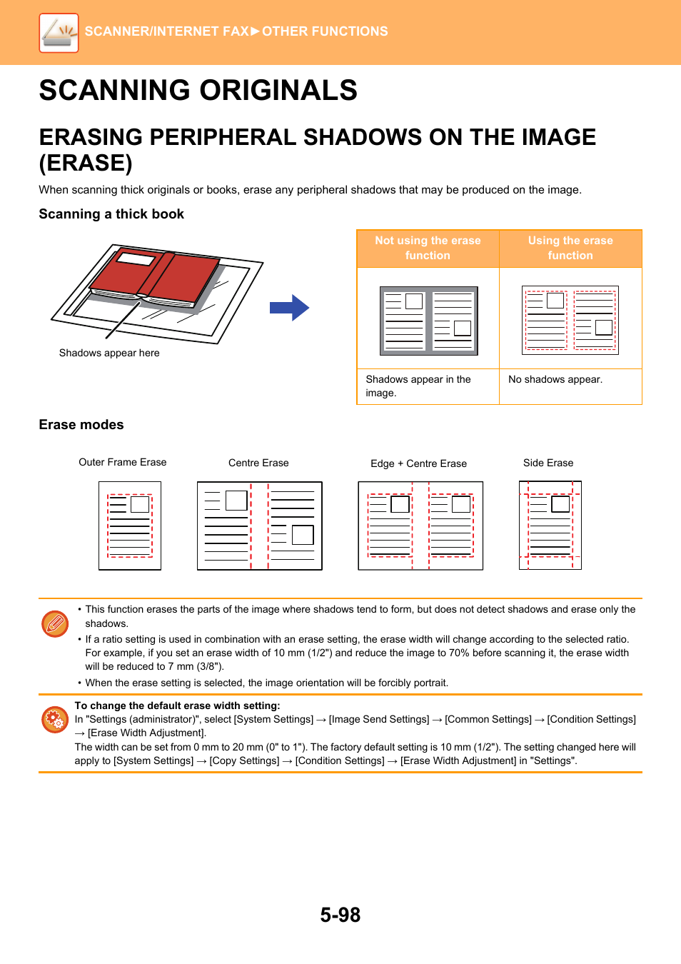 Scanning originals -98, Erasing peripheral shadows on the, Image (erase) -98 | Scanning originals, Erasing peripheral shadows on the image (erase) | Sharp MX-6070N User Manual | Page 627 / 935