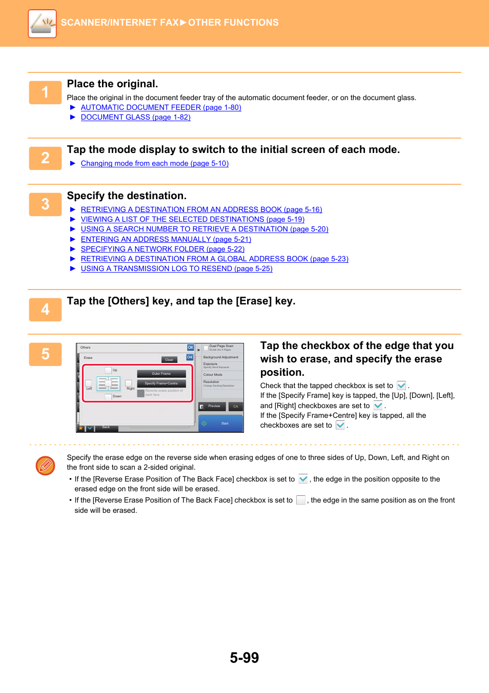 Place the original, Specify the destination, Tap the [others] key, and tap the [erase] key | Scanner/internet fax ►other functions | Sharp MX-6070N User Manual | Page 628 / 935