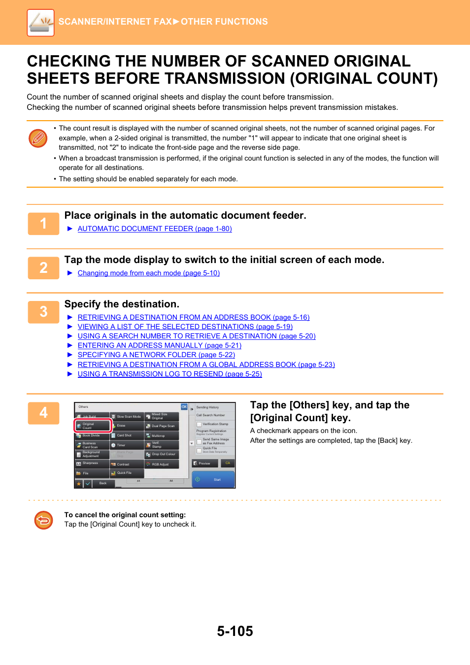 Checking the number of scanned, Place originals in the automatic document feeder, Specify the destination | Scanner/internet fax ►other functions | Sharp MX-6070N User Manual | Page 634 / 935