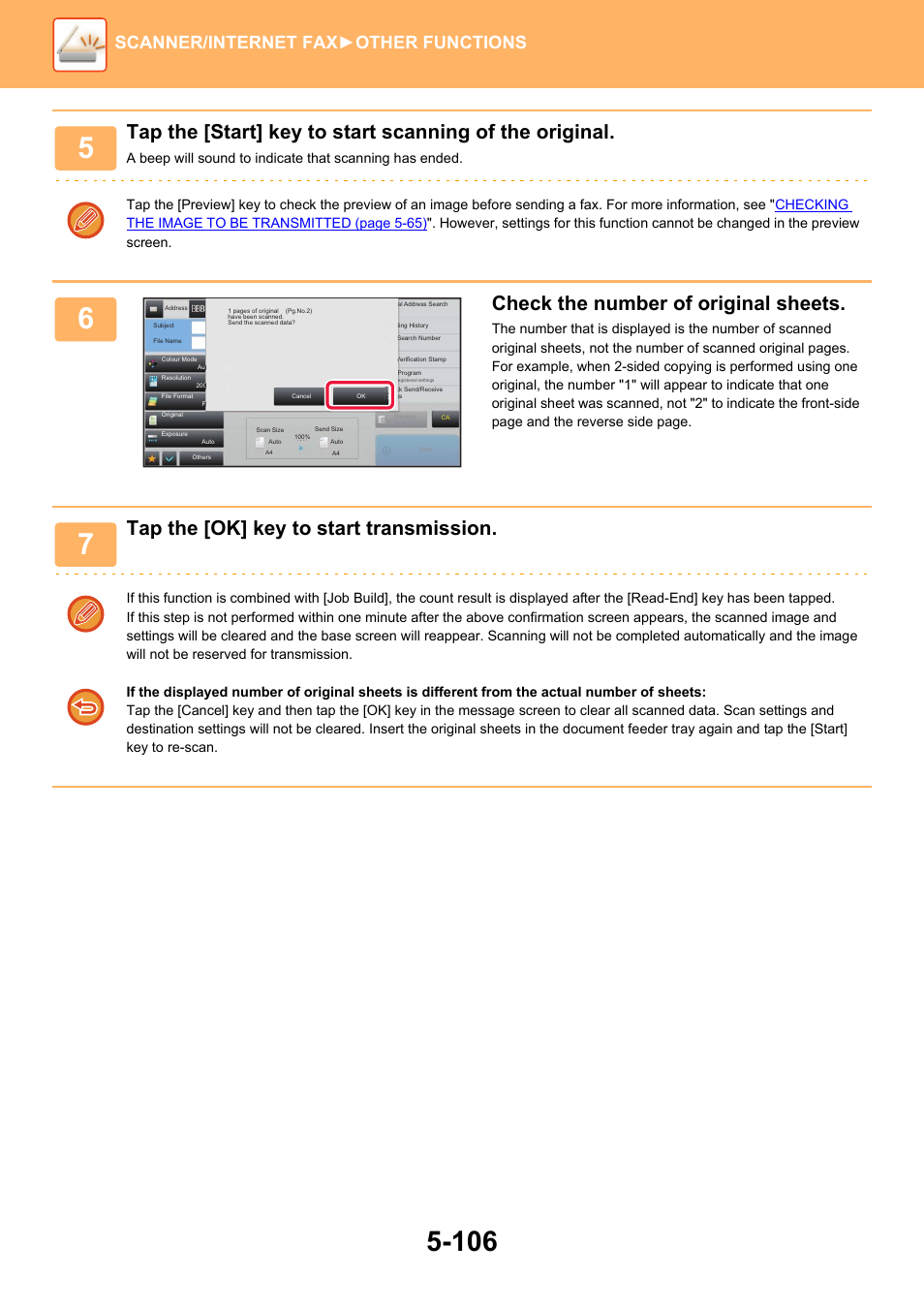 Check the number of original sheets, Tap the [ok] key to start transmission, Scanner/internet fax ►other functions | Sharp MX-6070N User Manual | Page 635 / 935