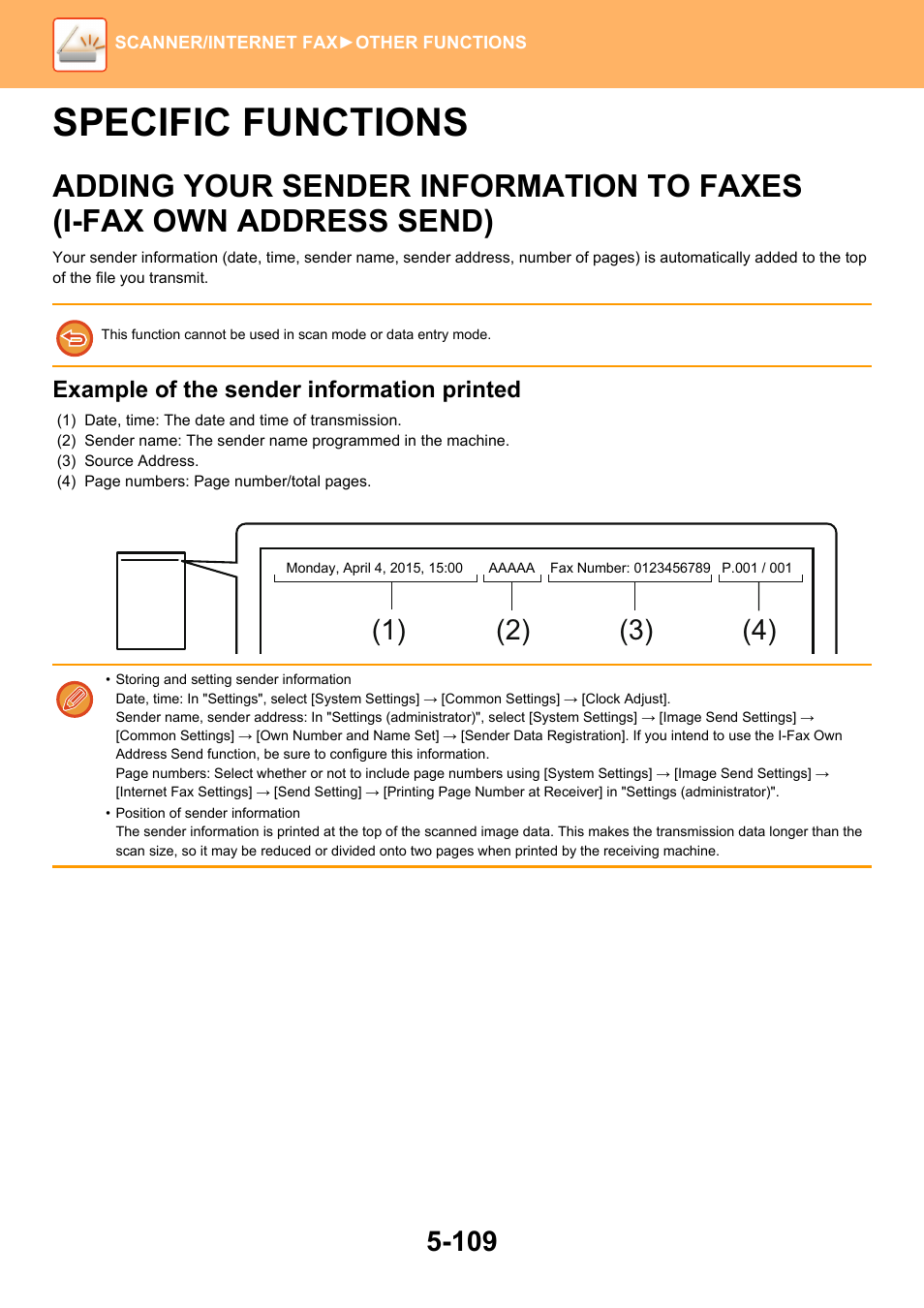 Specific functions -109, Adding your sender information to, Faxes (i-fax own address send) -109 | Specific functions | Sharp MX-6070N User Manual | Page 638 / 935