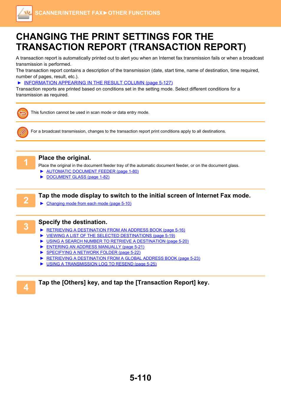 Changing the print settings for the, Transaction report (transaction report) -110 | Sharp MX-6070N User Manual | Page 639 / 935