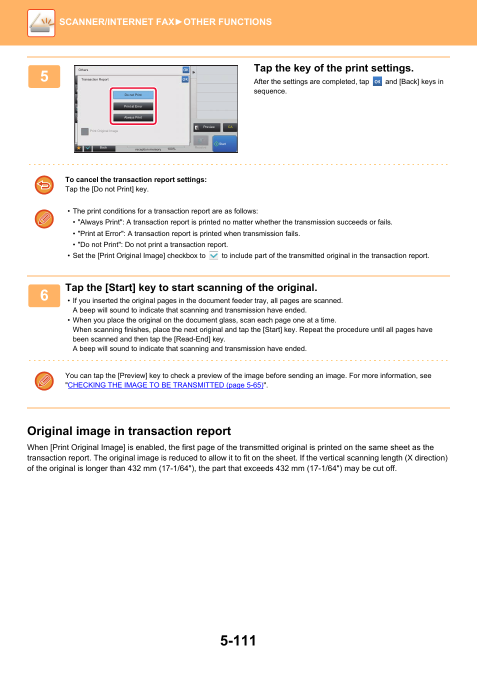 Original image in transaction report, Tap the key of the print settings, Scanner/internet fax ►other functions | Sharp MX-6070N User Manual | Page 640 / 935