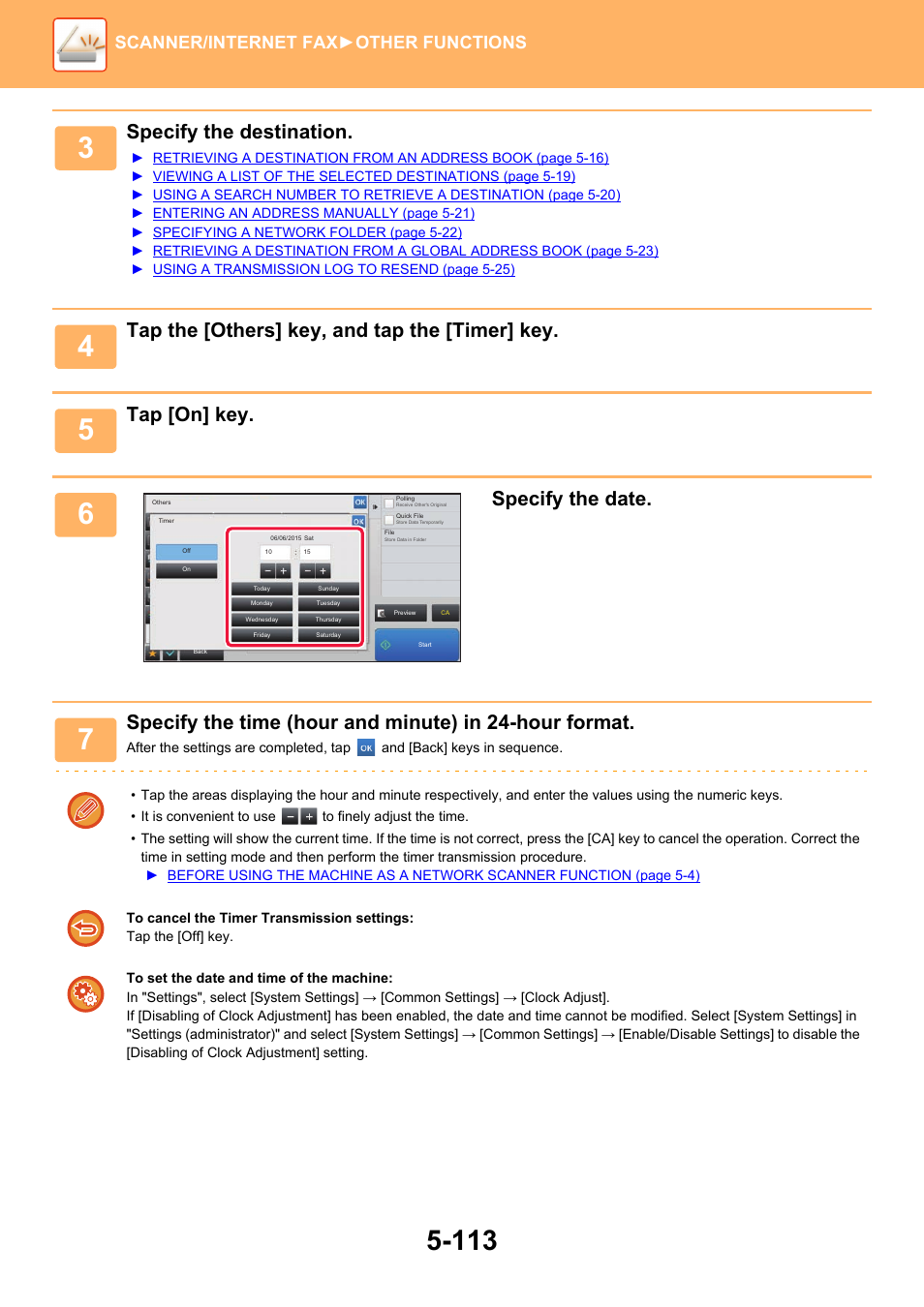 Specify the destination, Tap the [others] key, and tap the [timer] key, Tap [on] key | Specify the date, Scanner/internet fax ►other functions | Sharp MX-6070N User Manual | Page 642 / 935